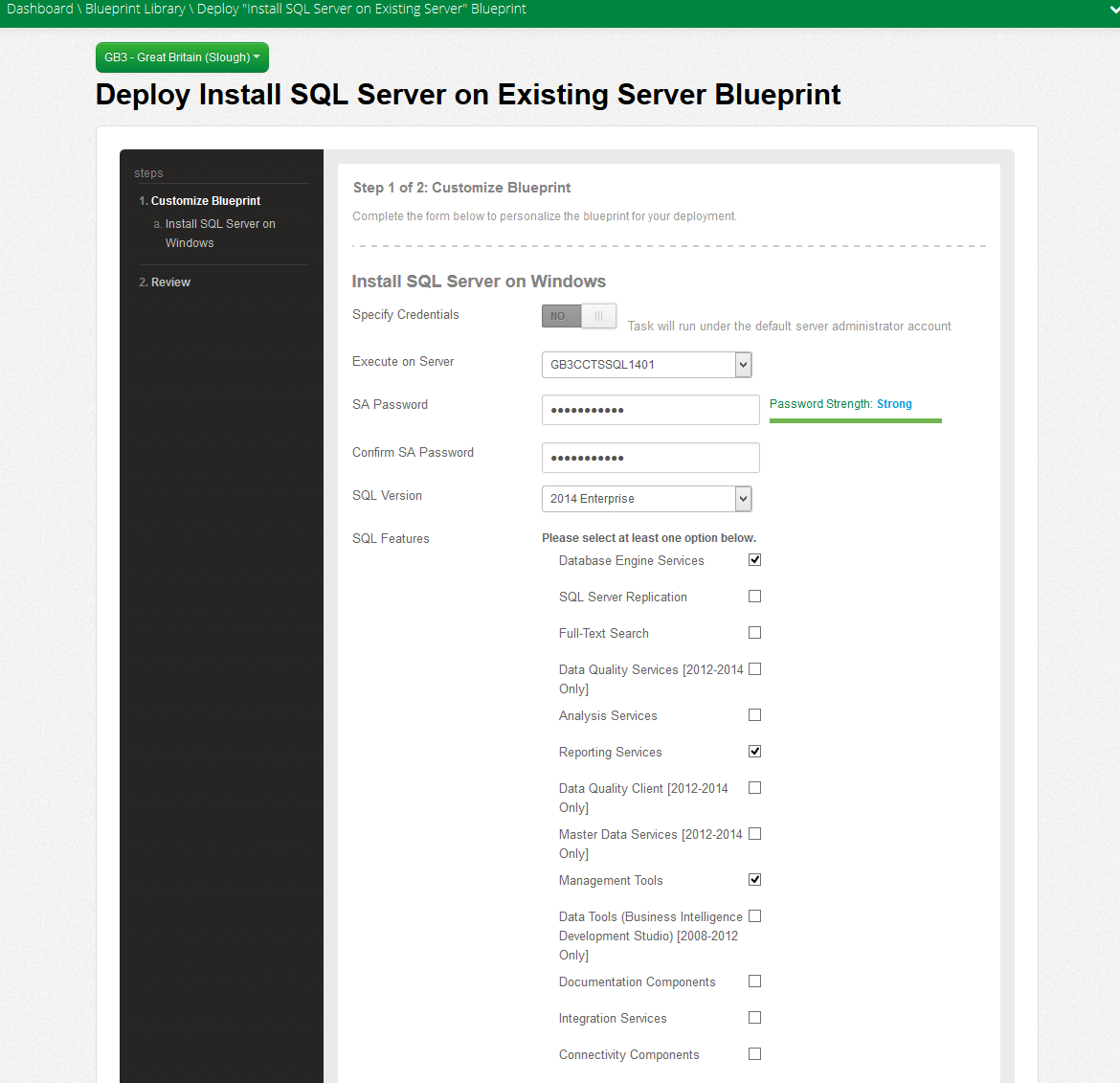 Deploy Install SQL Server on Existing Server Blueprint