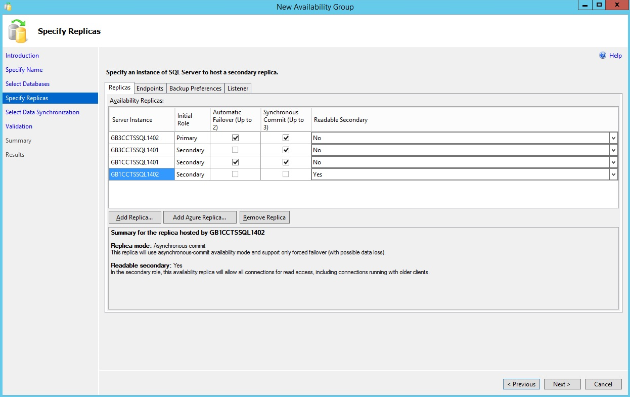 Specify replicas for the availability group