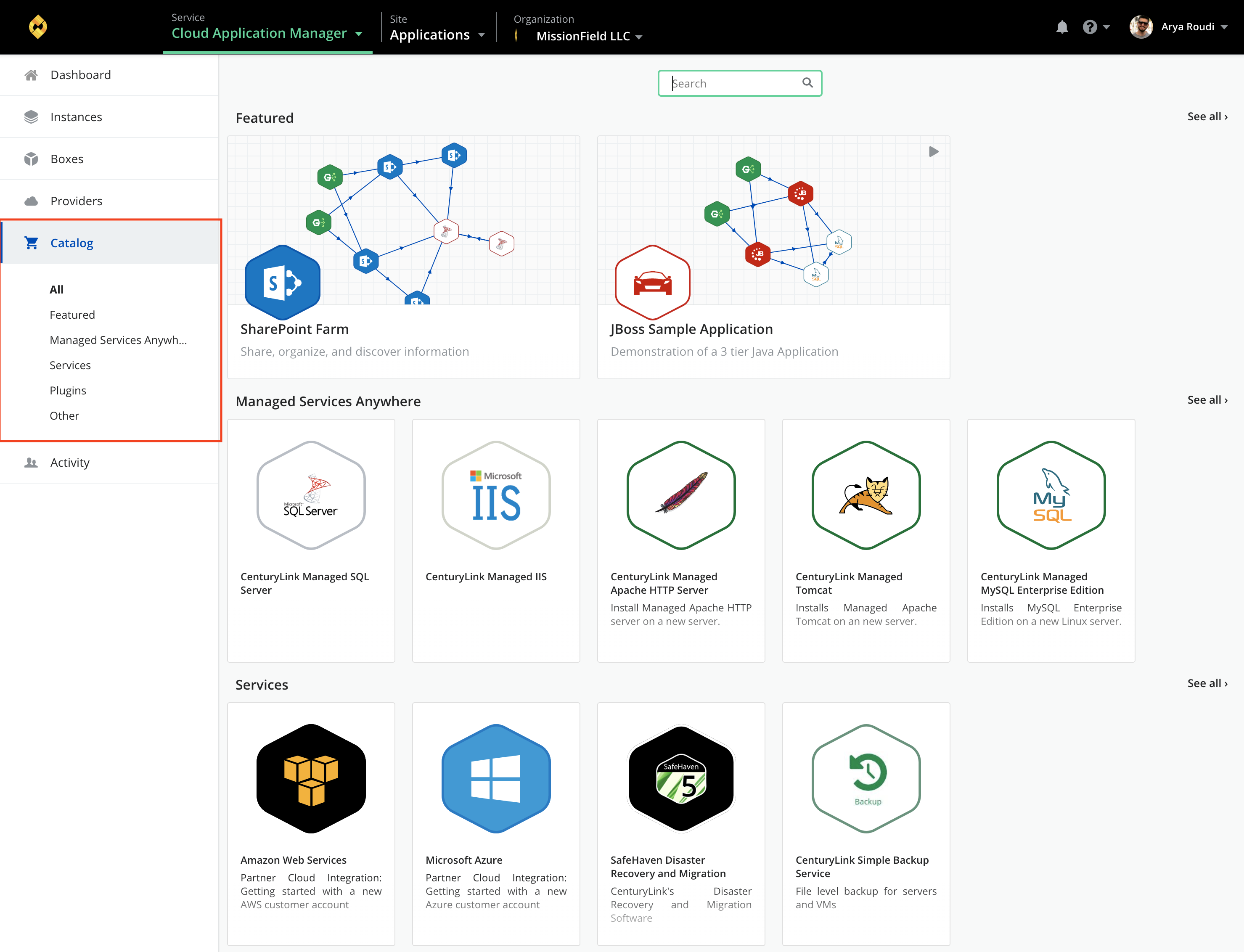 Cloud Application Manager catalog menu