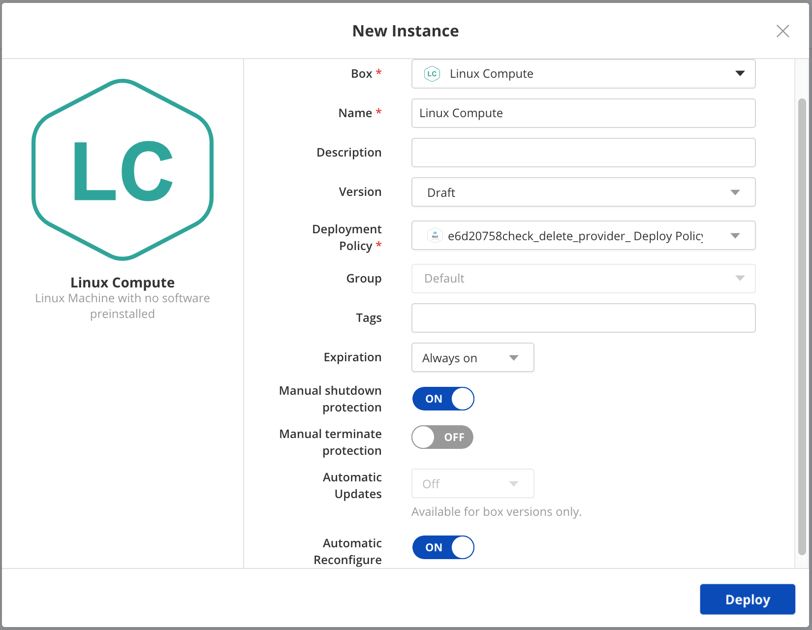 Instance Deployment Dialog