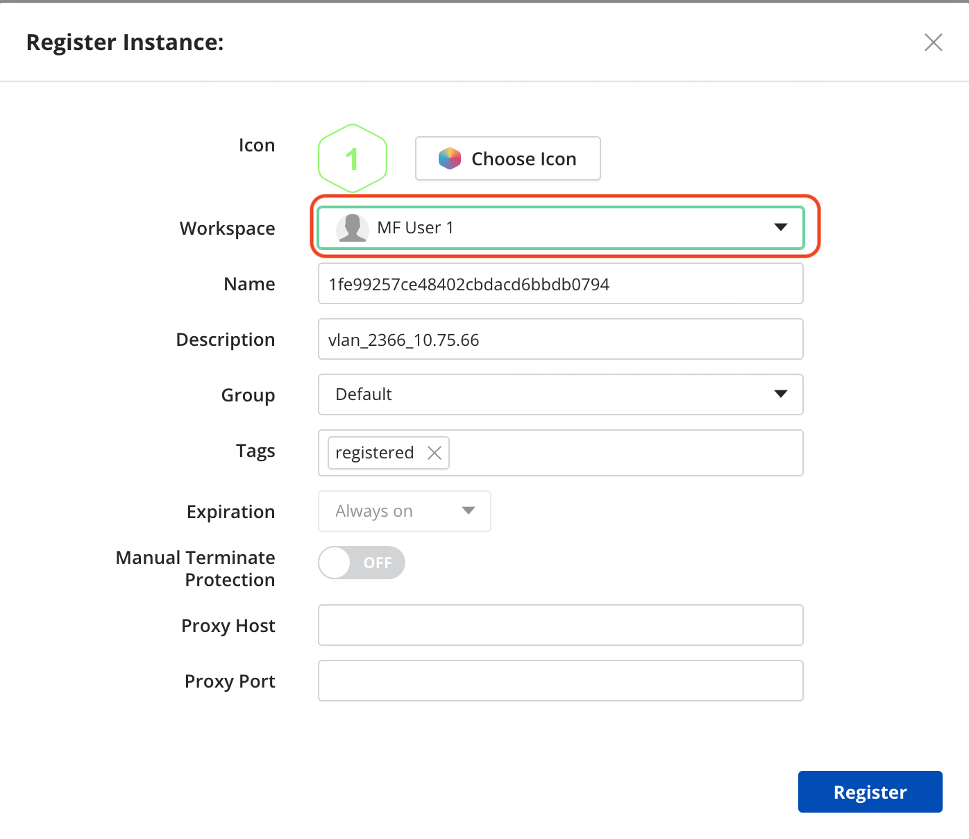 Register Instance workspace